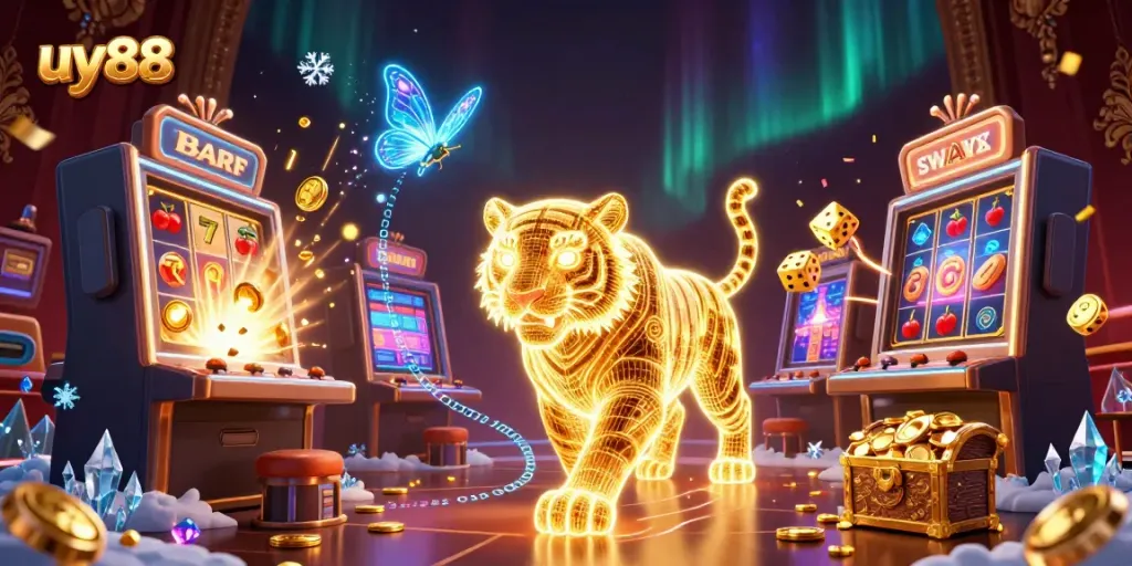 Experience excitement at uy88 with a 3D glowing tiger amidst a vibrant casino backdrop.