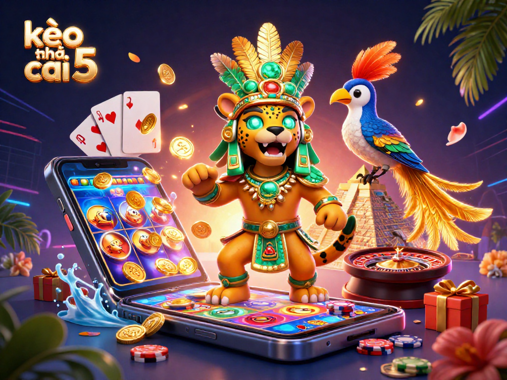 Engage in thrilling slots at kèo nhà cái 5 with a dazzling 3D Mayan scene featuring a jaguar priest and gaming elements.