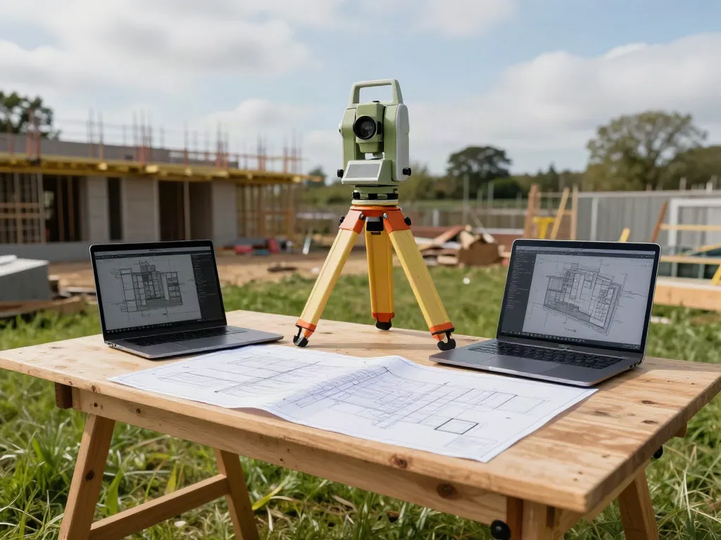 Topographical Survey Surrey scene with a surveyor at a construction site in Surrey, using advanced equipment and blueprints for accuracy.
