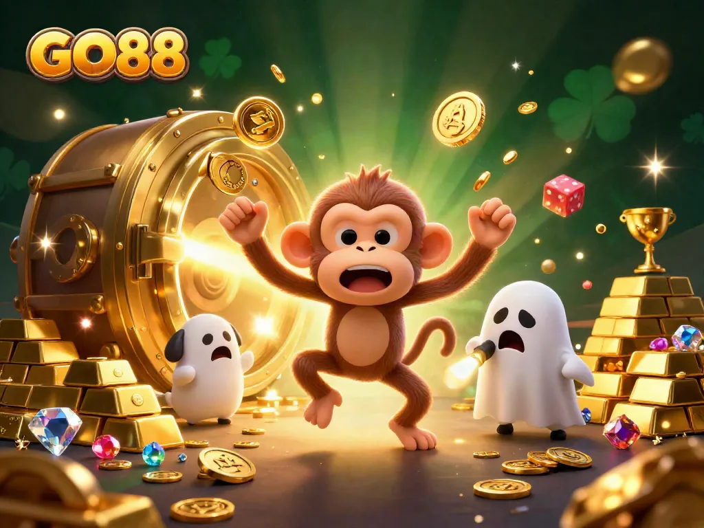 Experience the thrill of GO88 as the monkey juggles golden coins in a haunted casino.