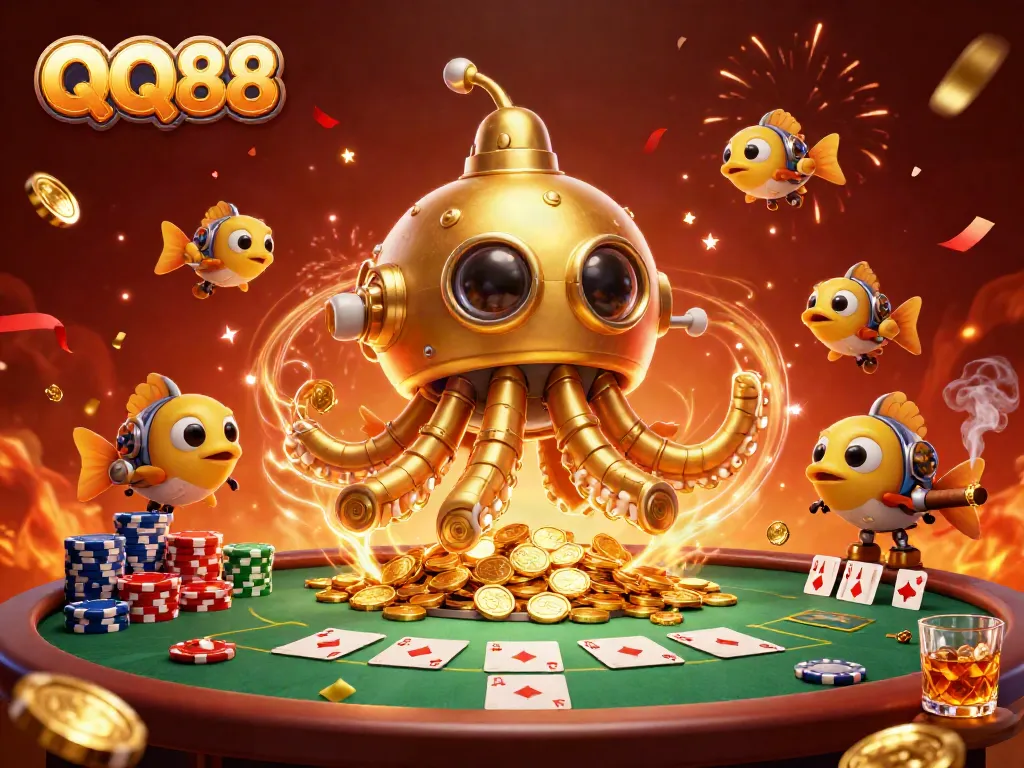 Experience thrilling gameplay at QQ88 with a golden kraken submarine amidst casino elements and poker excitement.