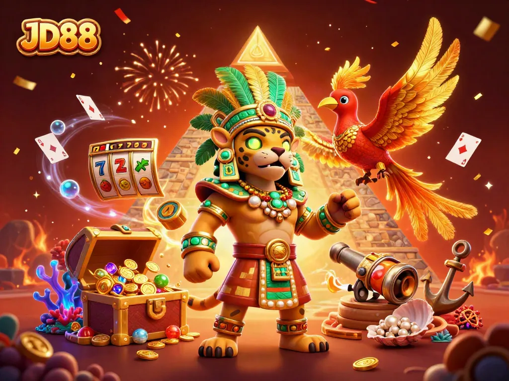 Engage in thrilling gameplay with JD88's Mayan priest and vibrant casino elements.