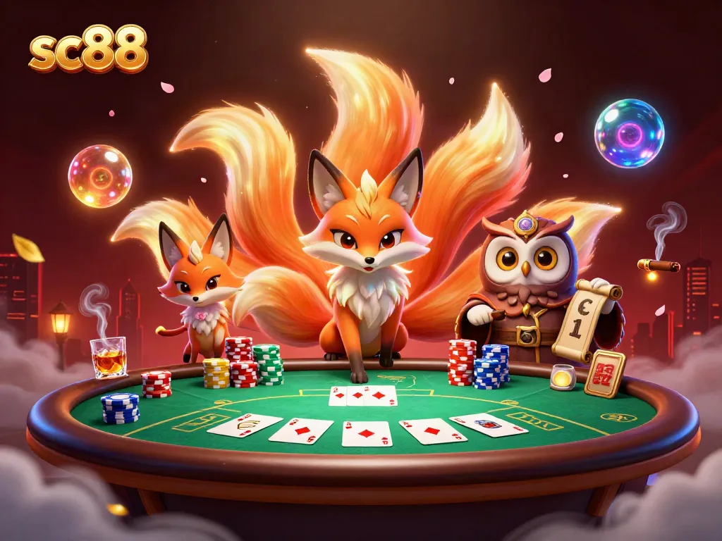 Engage with sc88 game strategies at a vibrant neon-themed poker table with mystical characters.