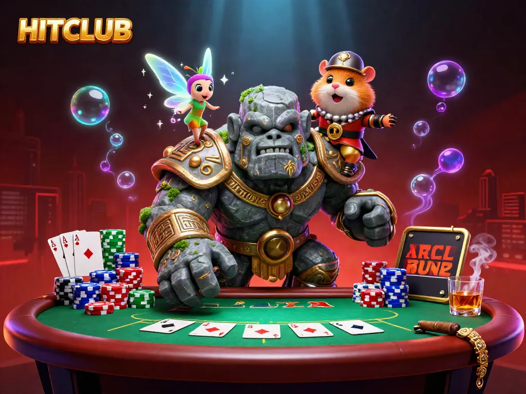 Engage with HITCLUB gaming magic as characters play poker in a vibrant 3D scene.