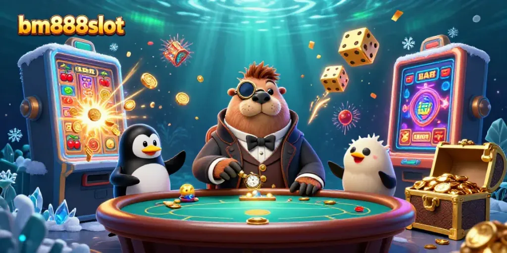 Join the underwater poker excitement with bm888slot, featuring a walrus, penguin dealer, and bluffing pufferfish.