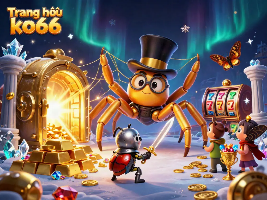 Experience the excitement of Trang chủ ko66 with a vibrant casino-themed scene featuring captivating characters and treasures.