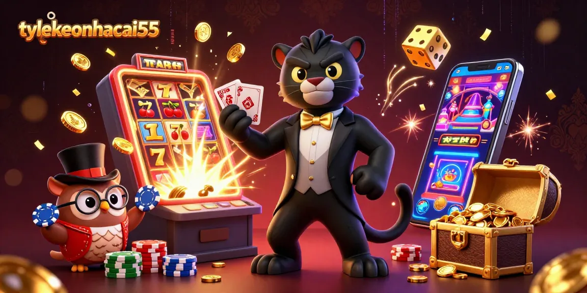 Experience the excitement of tylekeonhacai55 with a stylish panther, owl, and mouse in a vibrant casino scene.