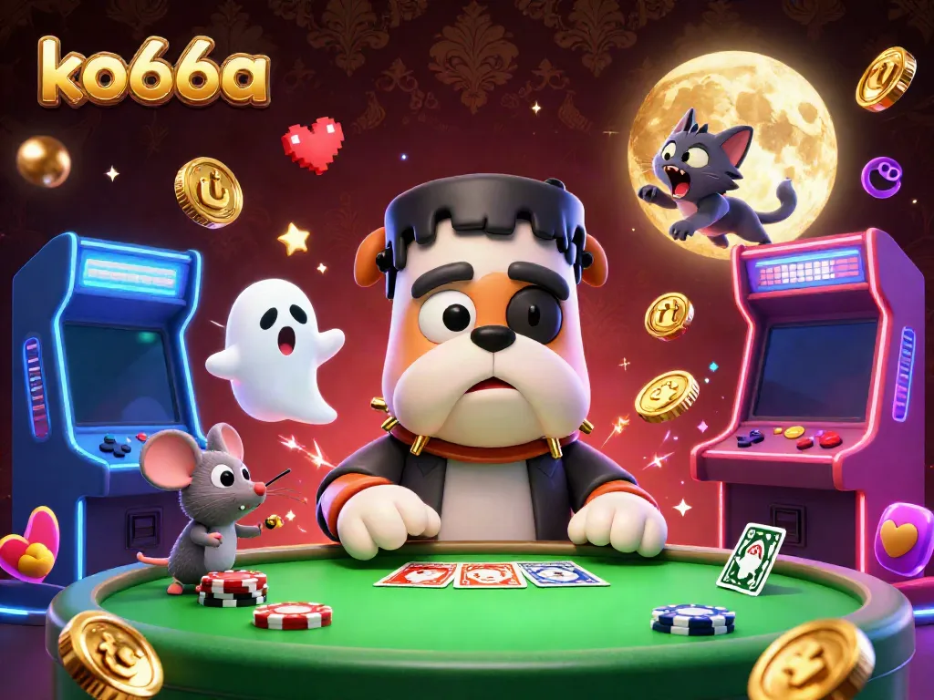 Experience thrilling moments at ko66a with a 3D cartoon casino scene featuring quirky characters and immersive game elements.