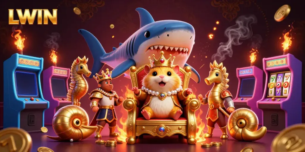 LLWIN showcases a dynamic illustration of a golden hamster king on a throne surrounded by gaming elements and festive energy.