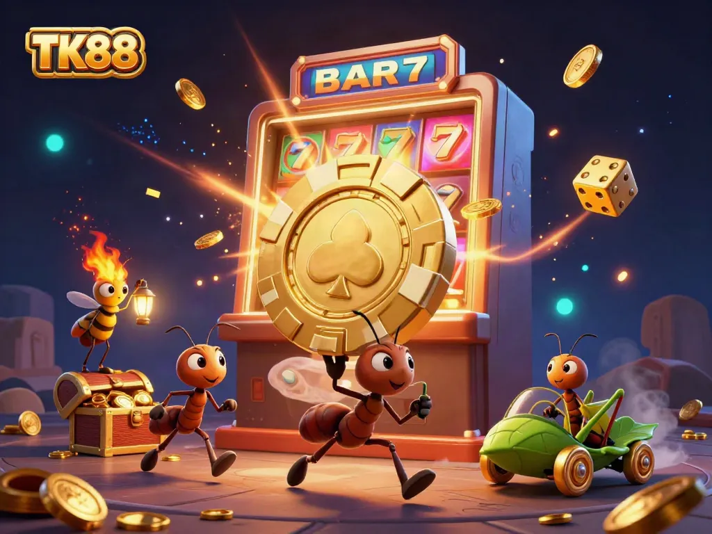 Engage with TK88 in an exhilarating heist scene featuring whimsical ants and vibrant casino elements.