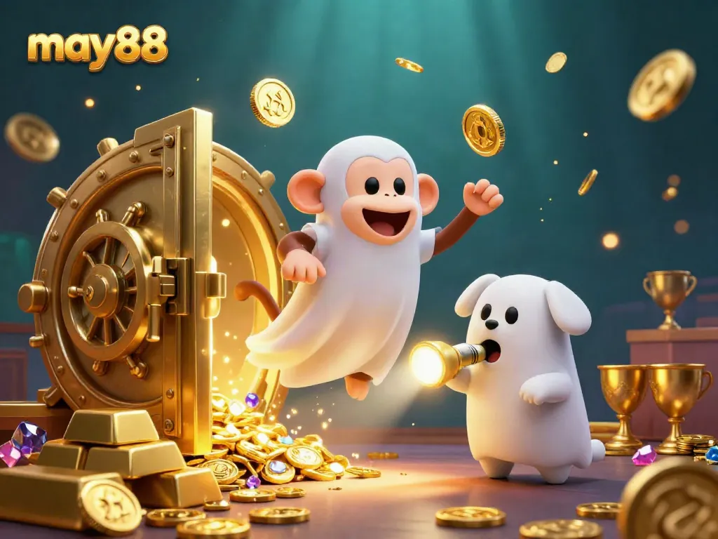 Experience may88's thrilling online casino action through a mischievous poltergeist monkey juggling gold in a vibrant casino.