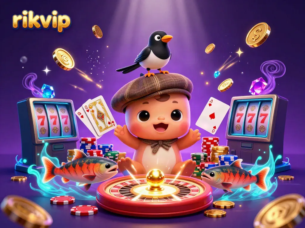 Play and win with rikvip in an exciting gaming scene featuring colorful characters and casino elements.