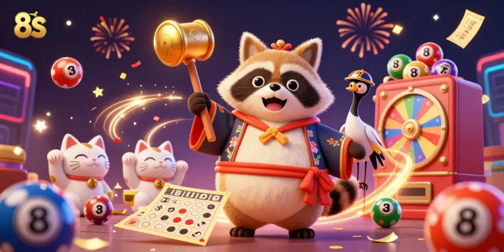 Experience the excitement of 8S with a festive casino scene featuring lucky characters and vibrant lottery elements.