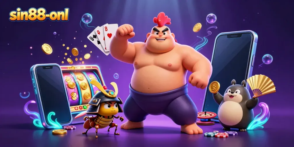 Spin the reels, win big with sin88-onl's colorful casino scene featuring dynamic characters.