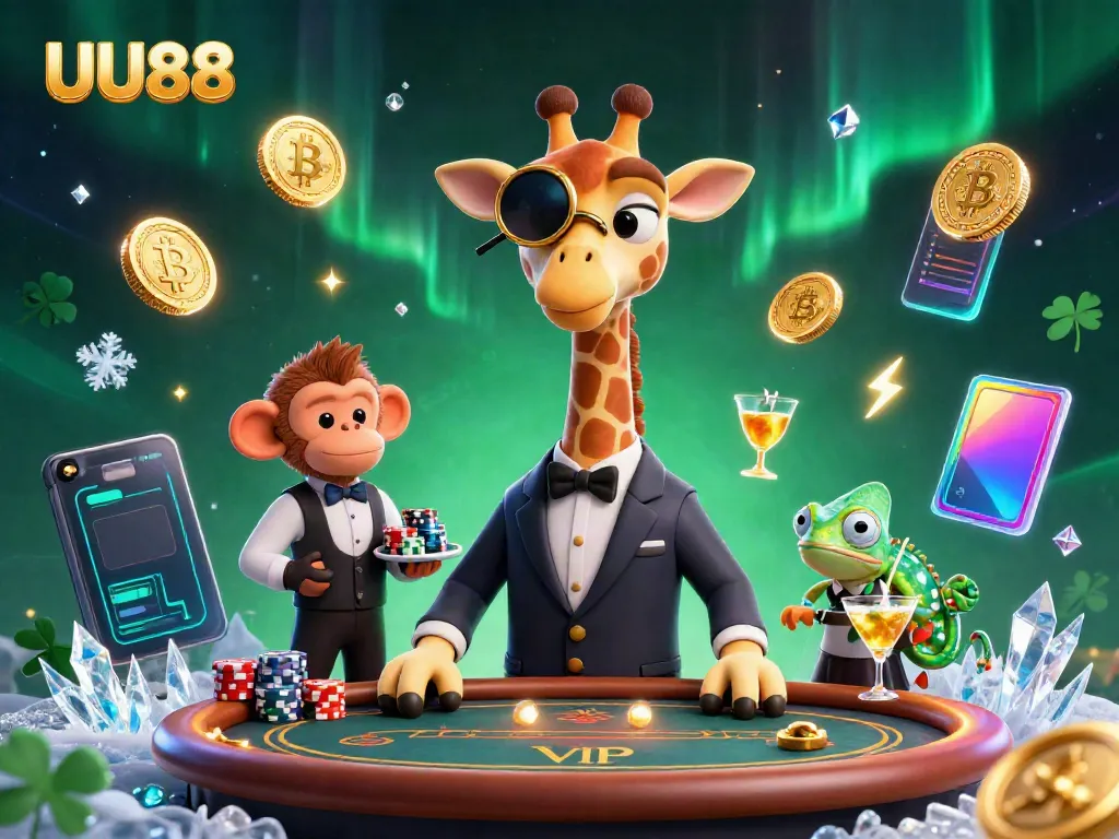 Experience thrilling moments at UU88 with a high-roller giraffe, monkey valet, and chameleon bartender in an exciting casino scene.