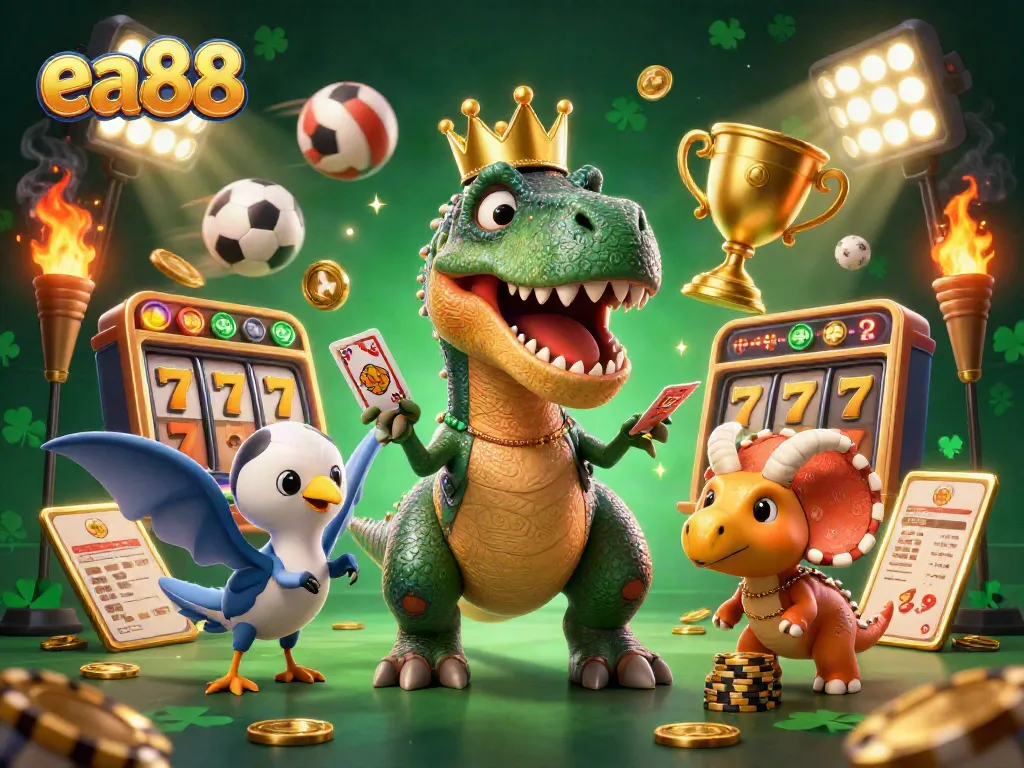 ea88 brings excitement with a cartoon T-Rex gambling in a vibrant casino-themed illustration.