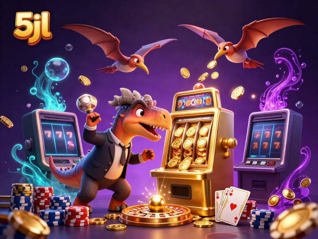 Engage in thrilling gameplay with 5jl as a dinosaur plays the golden slot machine for big winnings.