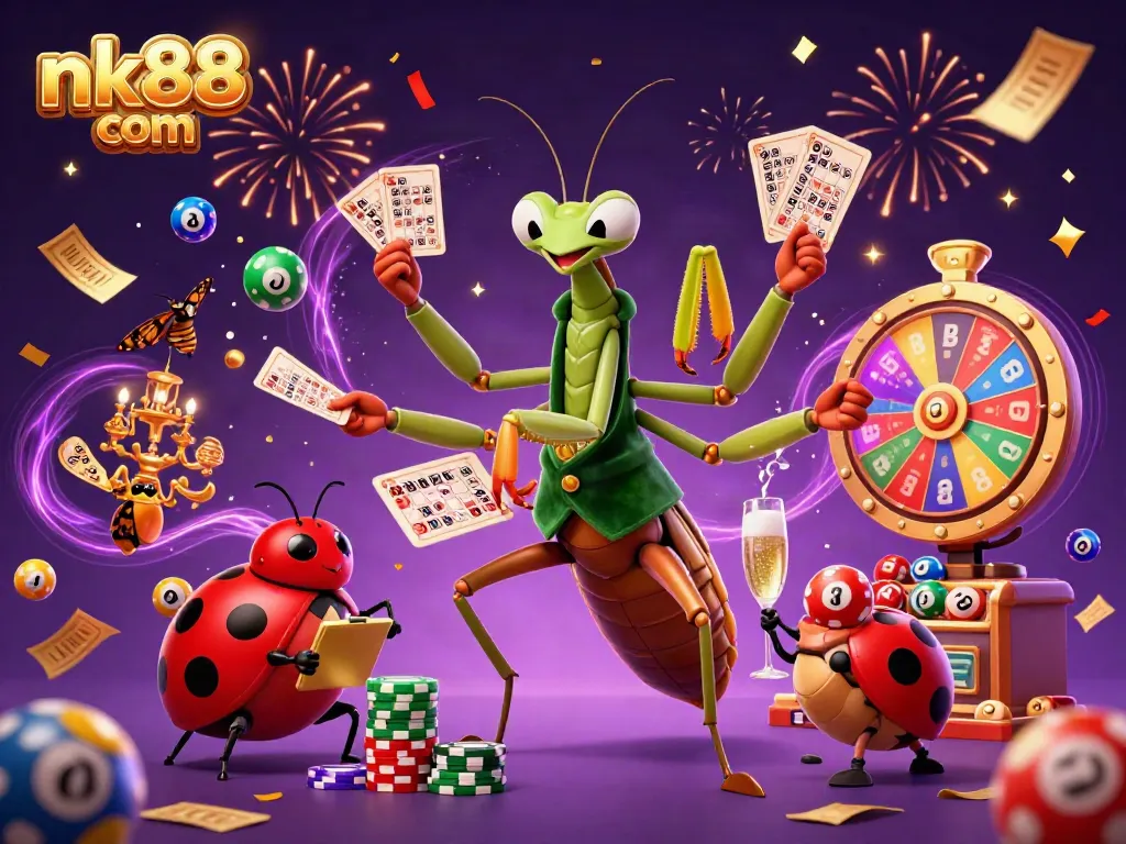 Join the excitement at nk88 com with vibrant game elements, a lively praying mantis, and a ladybug pit boss.