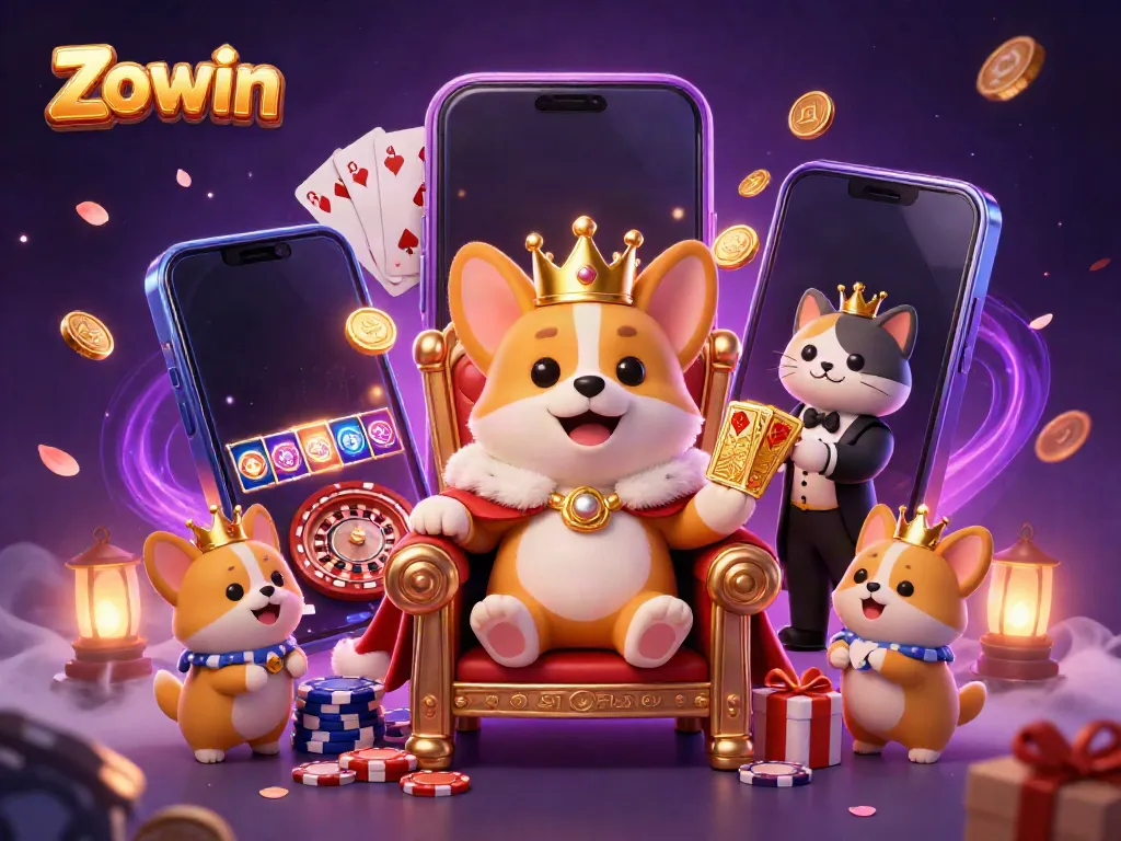 Experience the excitement at Zo win with a royal corgi ruling a vibrant casino scene filled with games and treasure.