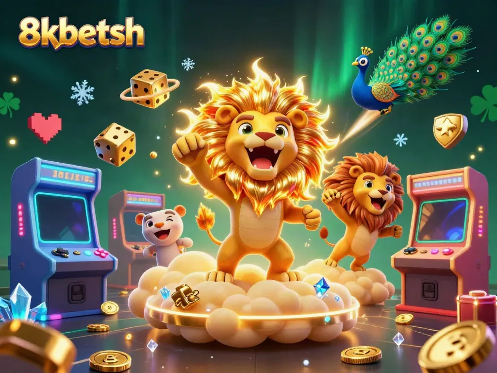 Witness the bright 8xbetsh lion unleashing power in a vibrant casino scene filled with glowing game elements.