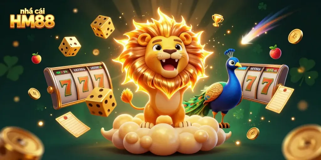 Experience the excitement of nhà cái HM88 with a dynamic slot game illustration featuring vibrant characters and elements.