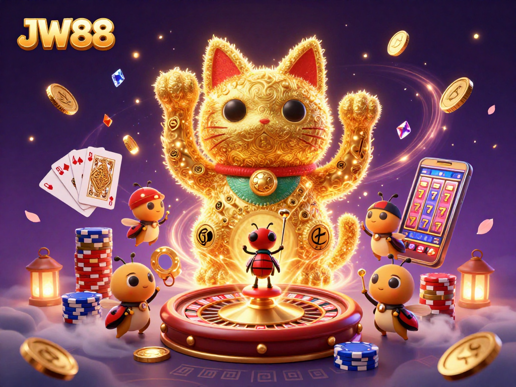 Experience the excitement of JW88 with vibrant casino symbols and lucky elements.
