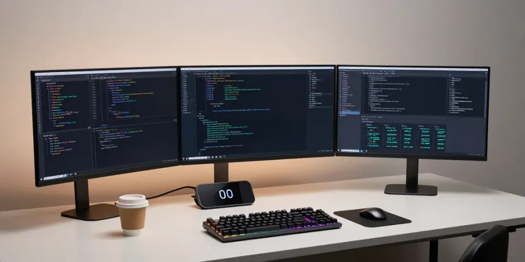 Buy .co.uk domain in a professional workspace showing software development tools and technology elements.