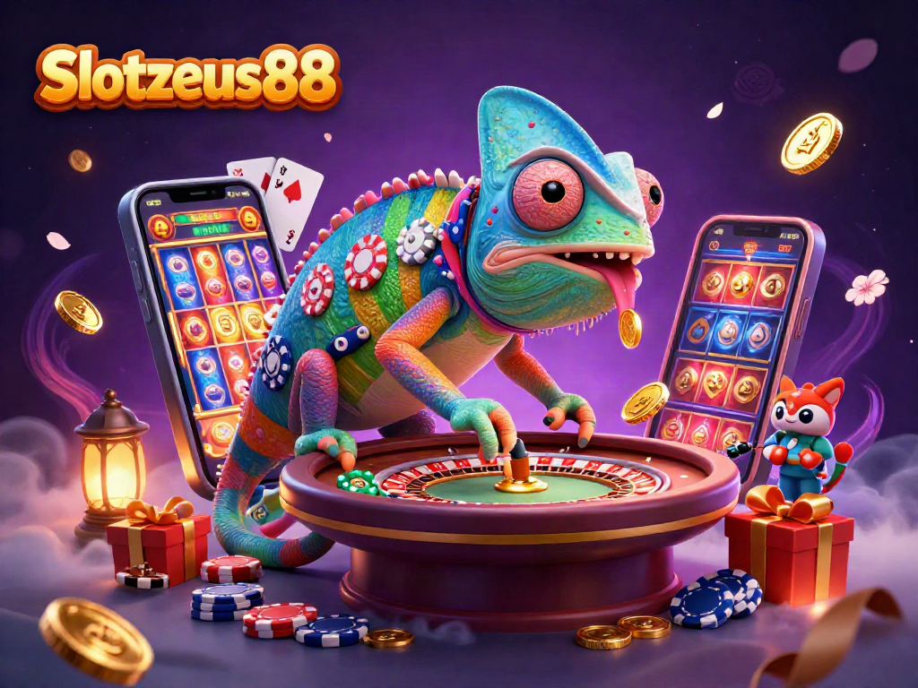 Play vibrant Slotzeus88 slots with the chameleon casino owner amidst a dazzling casino scene.