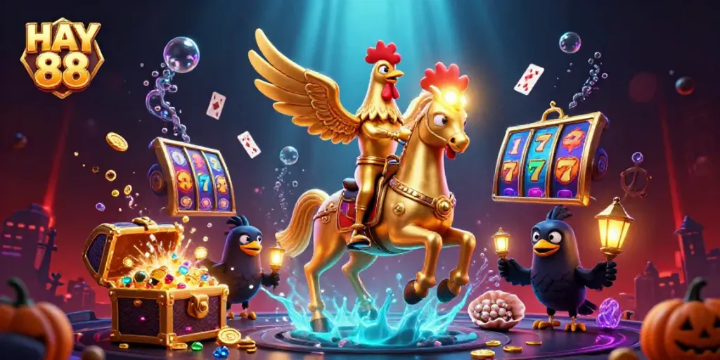 Experience immersive gaming with HAY 88 as golden rooster character rides through a vibrant casino scene.