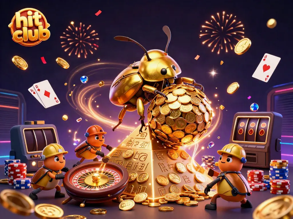 Engage in the vibrant hit club gaming experience with rowdy cartoon beetles and dazzling casino elements.