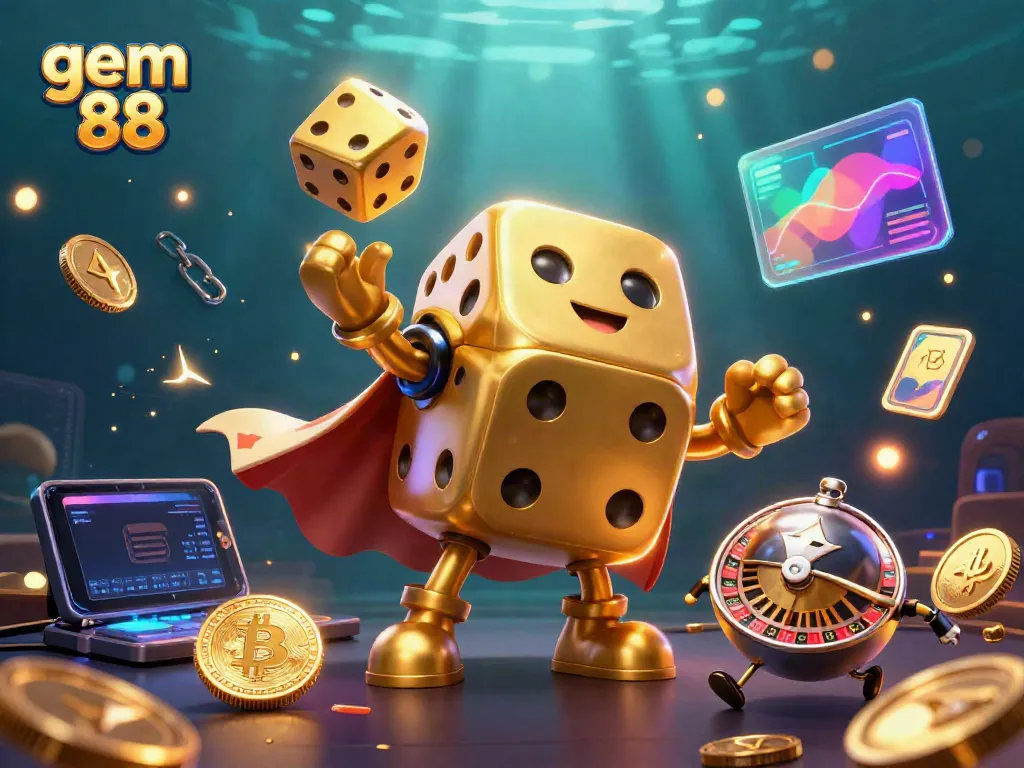 Spin the reels with gem 88's golden dice golem amidst a vibrant casino scene.