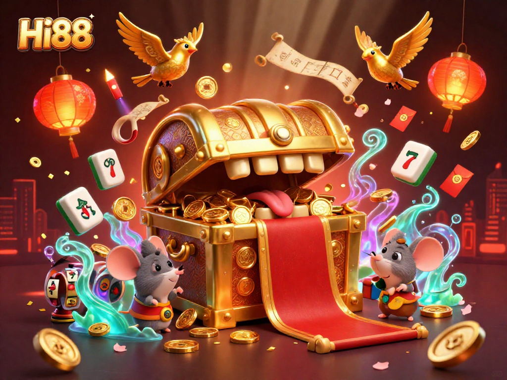 Engage in thrilling casino adventures with Hi88's animated treasure scene featuring vibrant slot elements.