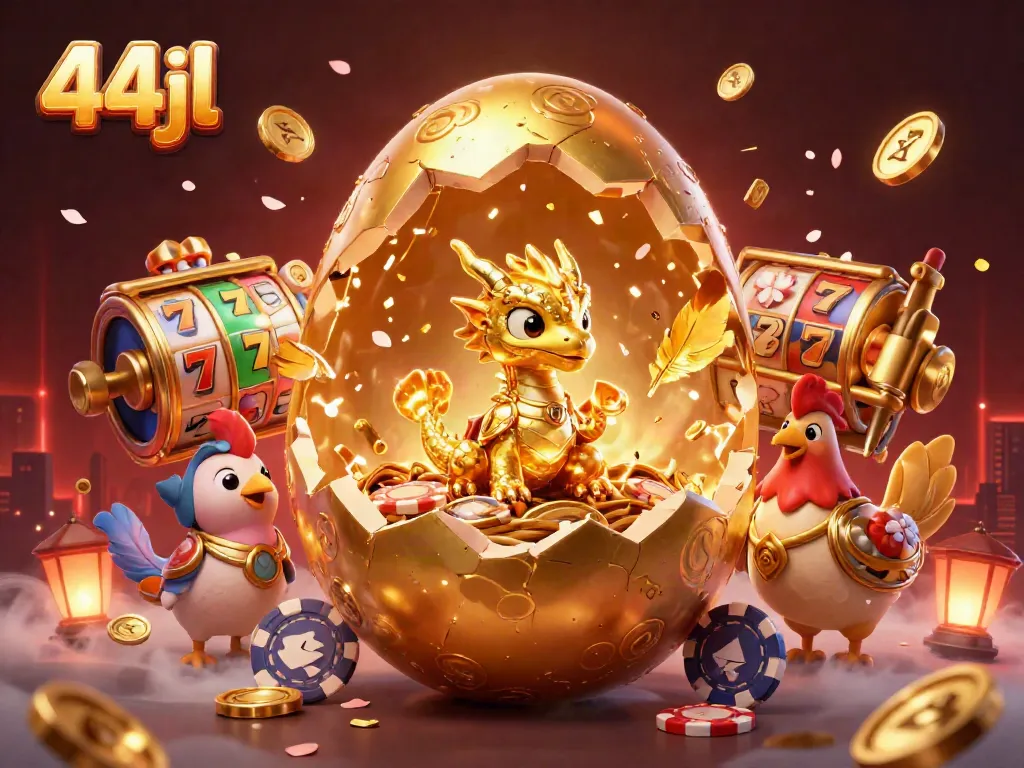 Engage in thrilling slots with 44jl, featuring a golden dragon, poker chips, and vibrant slot machines.