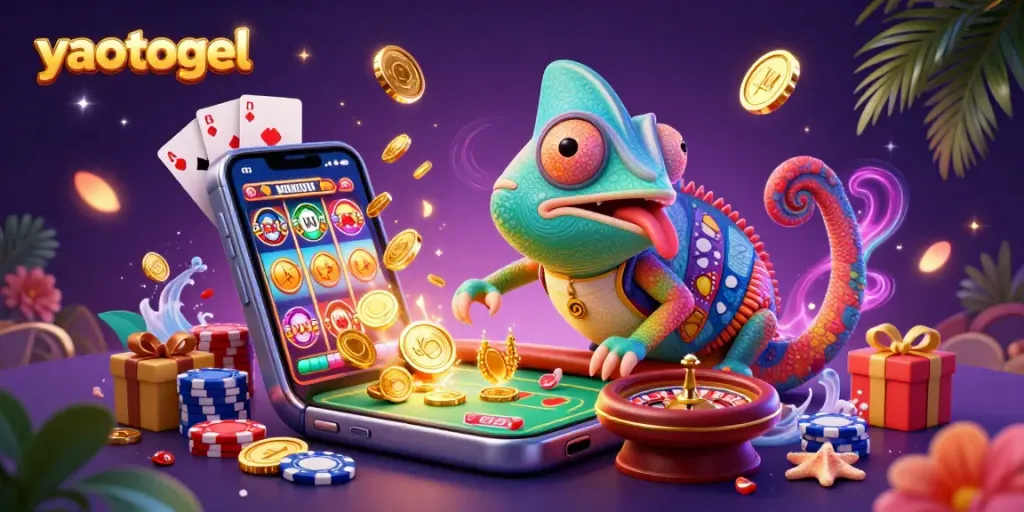 Experience yaotogel with a vibrant scene of a chameleon casino owner amidst a dynamic gaming environment.
