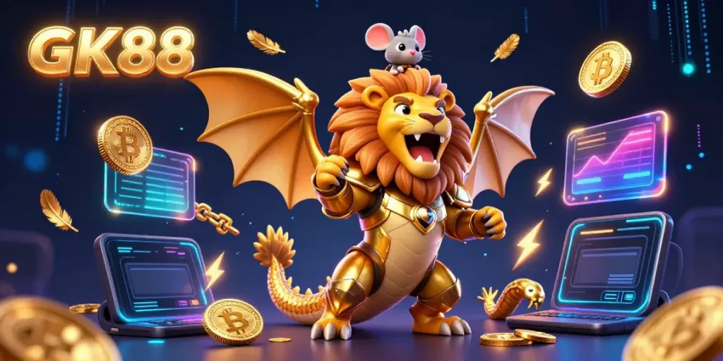 Engage with GK88's vibrant casino experience featuring a golden chimera and cryptocurrency elements.