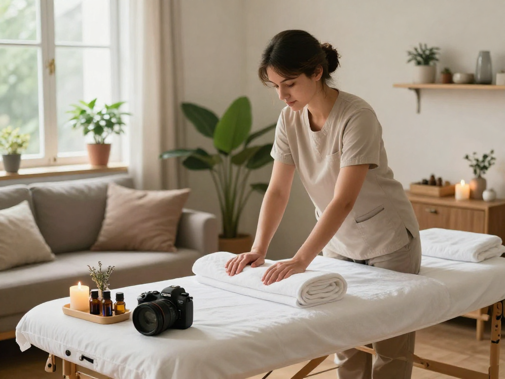 영등포출장 massage therapist preparing a cozy home setting for a relaxing session.