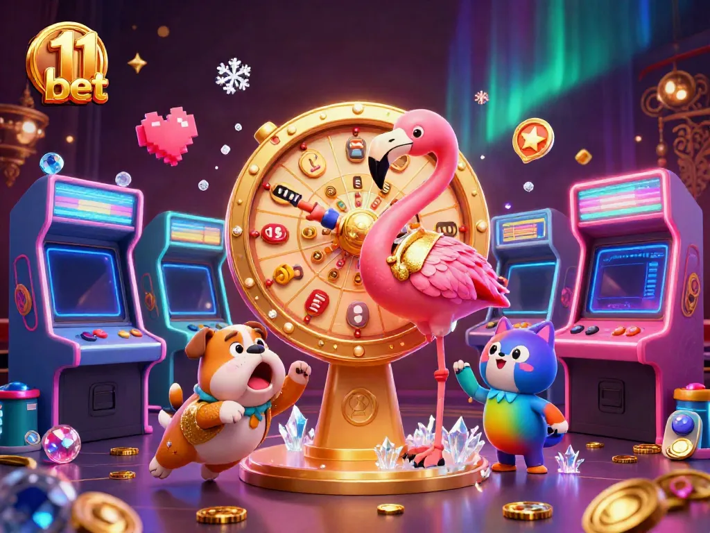 Join the excitement with 11 bet as a flamingo host spins a golden prize wheel in a dynamic casino scene.
