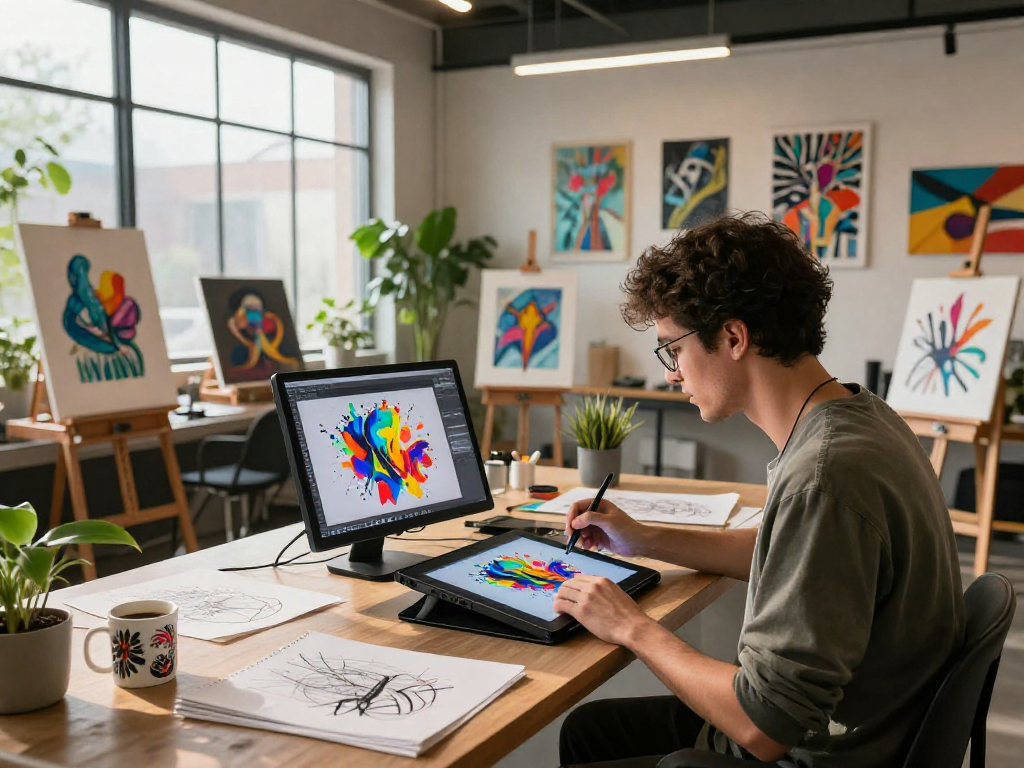 Artist creating innovative nsfw ai digital artwork in a vibrant studio.