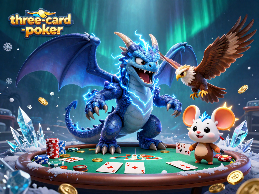 Engage in three-card-poker with dynamic chips and cards, featuring bold colors and striking characters.