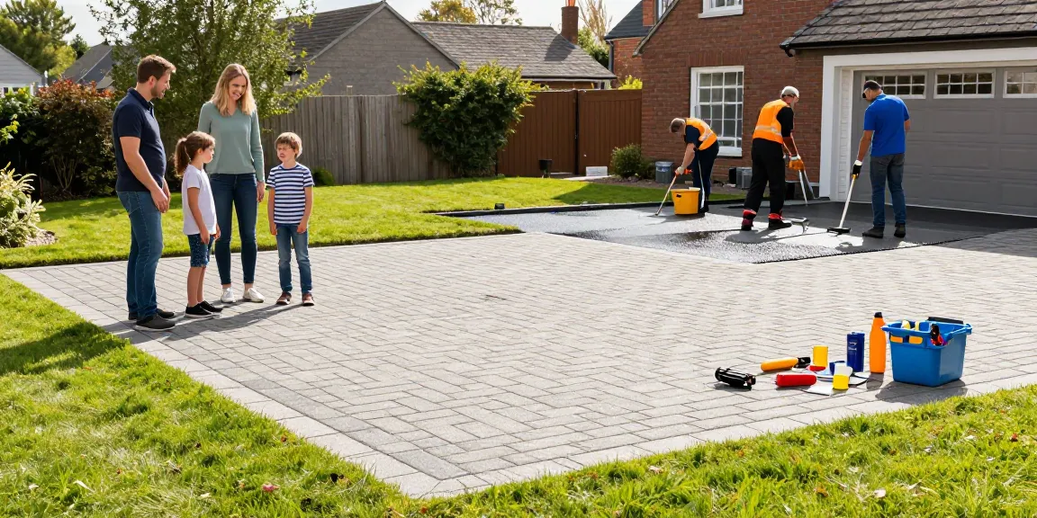 New block-paved driveway installation by www.drivewaysandpatios.ie showcasing satisfied homeowners in Dublin.