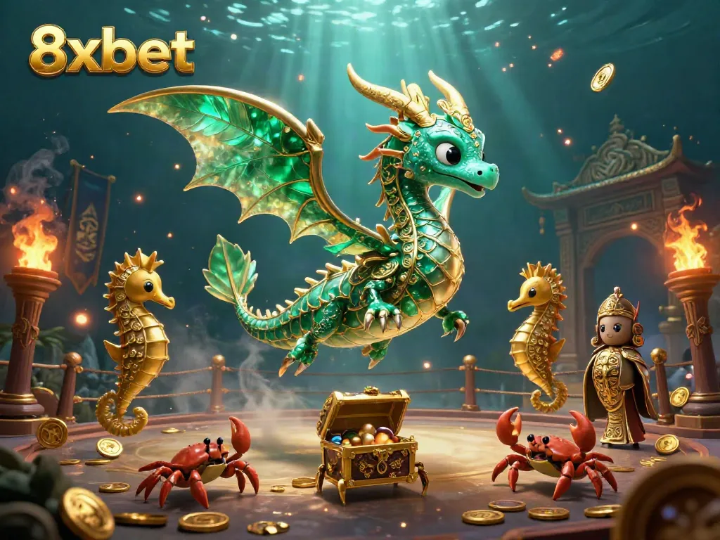 Bet on 8xbet with a vibrant underwater scene featuring a treasure chest and mystical sea creatures.