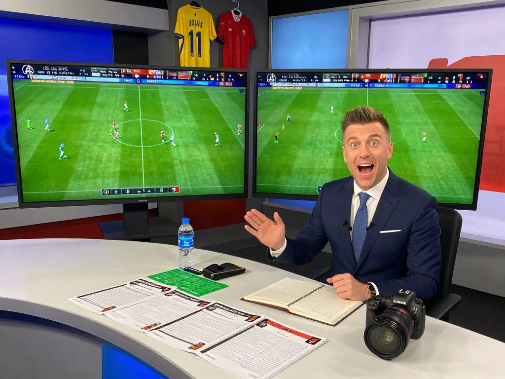 Thapcamtv sports analyst passionately discussing football matches in a vibrant studio setup.