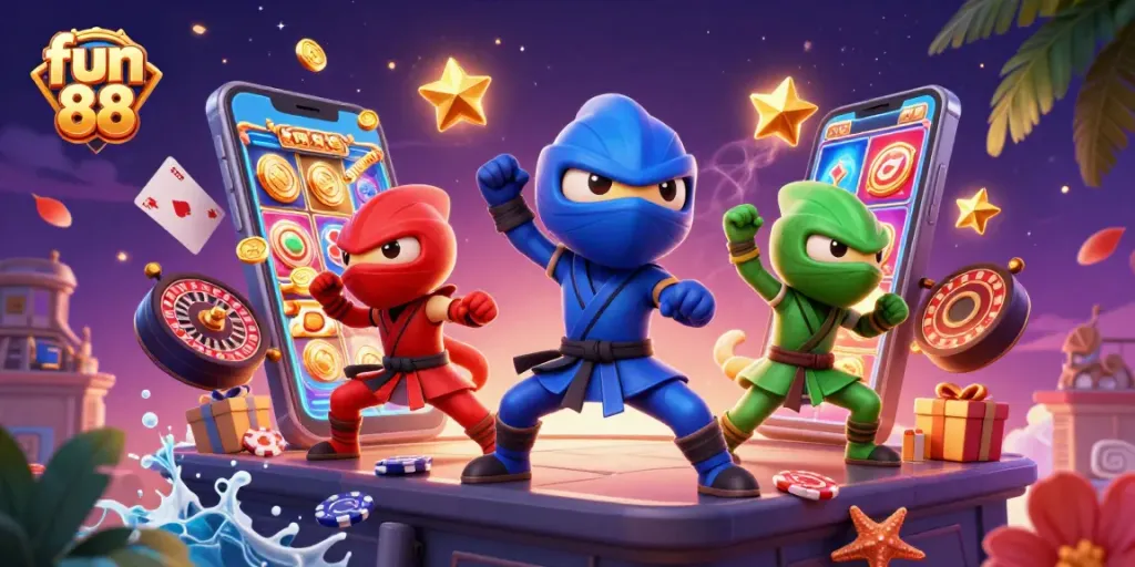 Engage with fun 88 casino action as ninja chameleons scatter coins and cards.