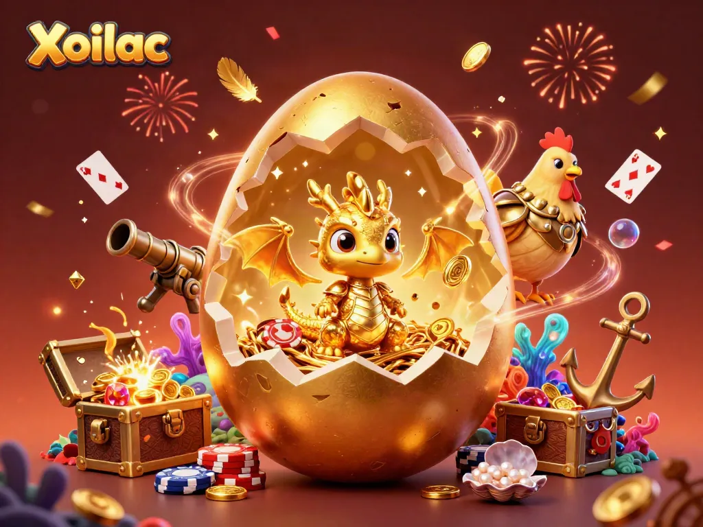 Xoilac offers a stunning view of a golden dragon emerging from an egg atop poker chips, celebrating the gambling experience.