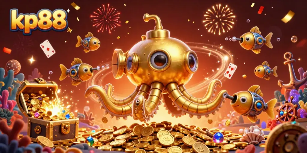 Experience thrilling gameplay at kp88 with a vibrant underwater treasure scene featuring a kraken and mechanical fish.