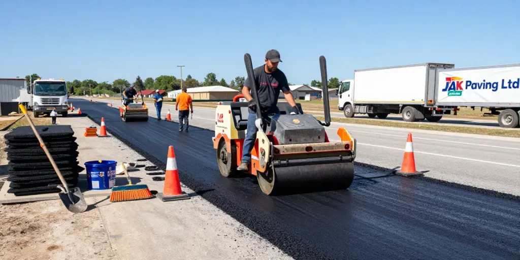 JAK Paving Ltd team applying fresh asphalt on a busy paving site, showcasing skilled work and professional equipment in action.