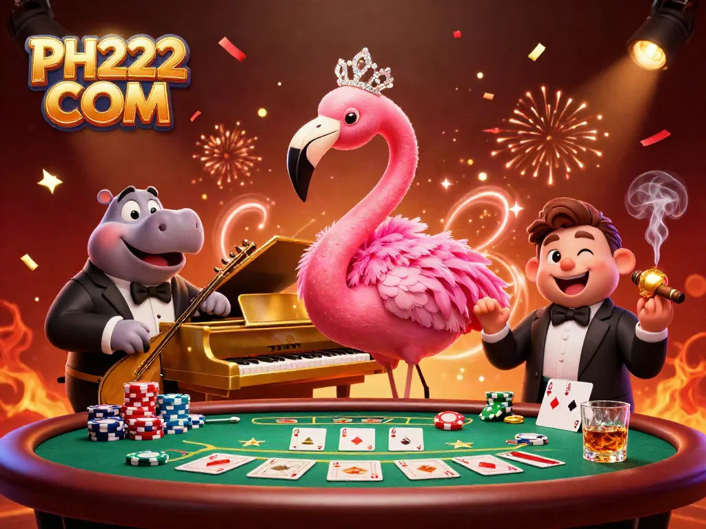 Engage in thrilling action with PH222 COM at a lively casino scene featuring vibrant characters and game elements.
