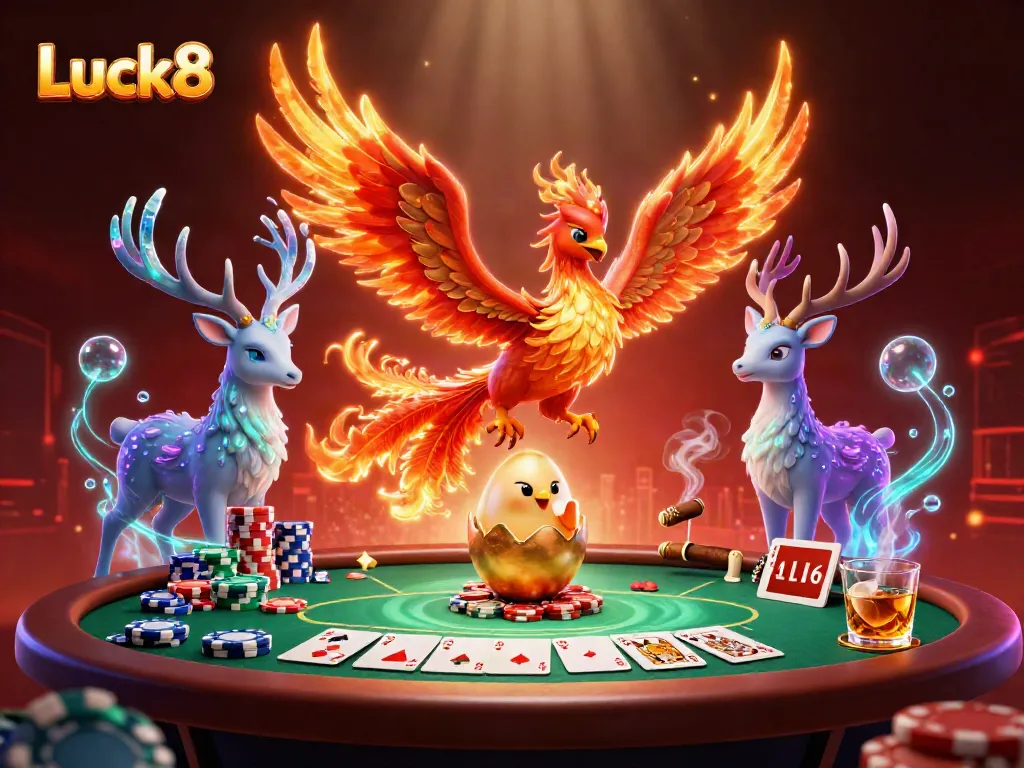 Experience vibrant casino action with a majestic Luck8 phoenix amidst poker excitement.