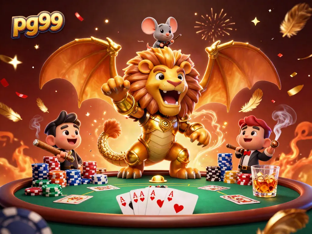 Engage with pg99 at an exciting poker tournament featuring a dazzling chimera and colorful chips.