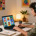 Engaging in hot chat ai with colorful avatars in a cozy home office